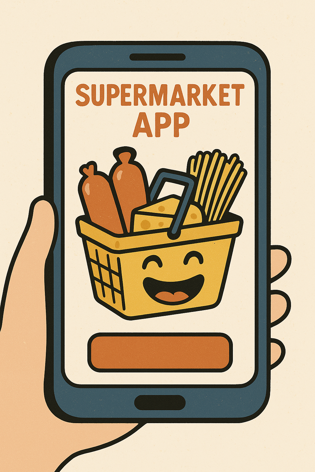 Satyryczna grafika telefonu z aplikacją supermarketu pełną parówek i makaronu