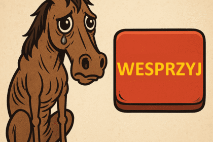 Parodia reklamy z koniem do uratowania – satyryczna ilustracja