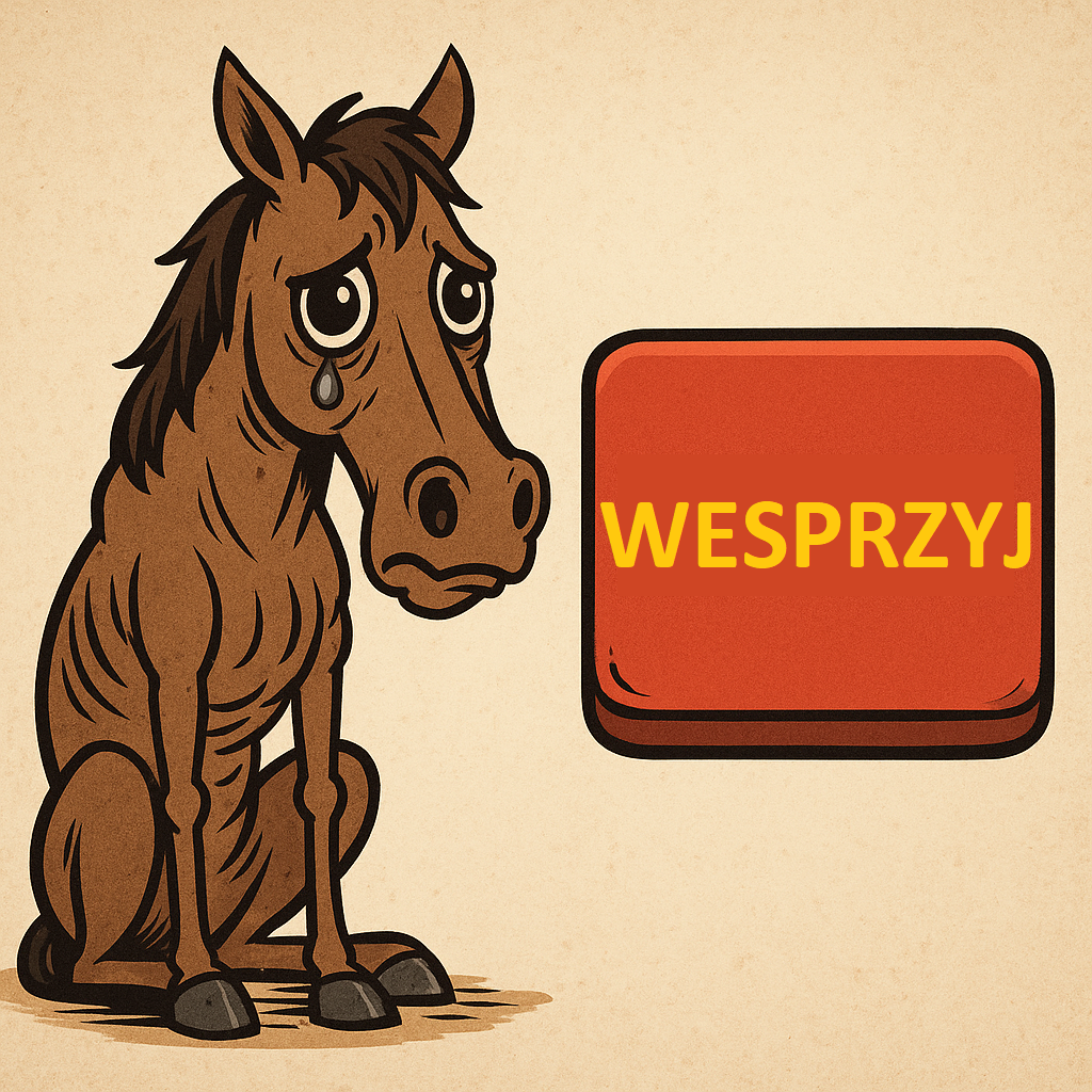 Parodia reklamy z koniem do uratowania – satyryczna ilustracja