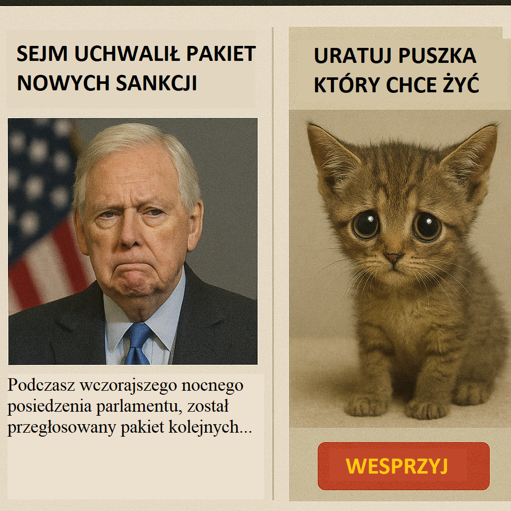 Parodia portalu z poważnym artykułem i absurdalną reklamą obok