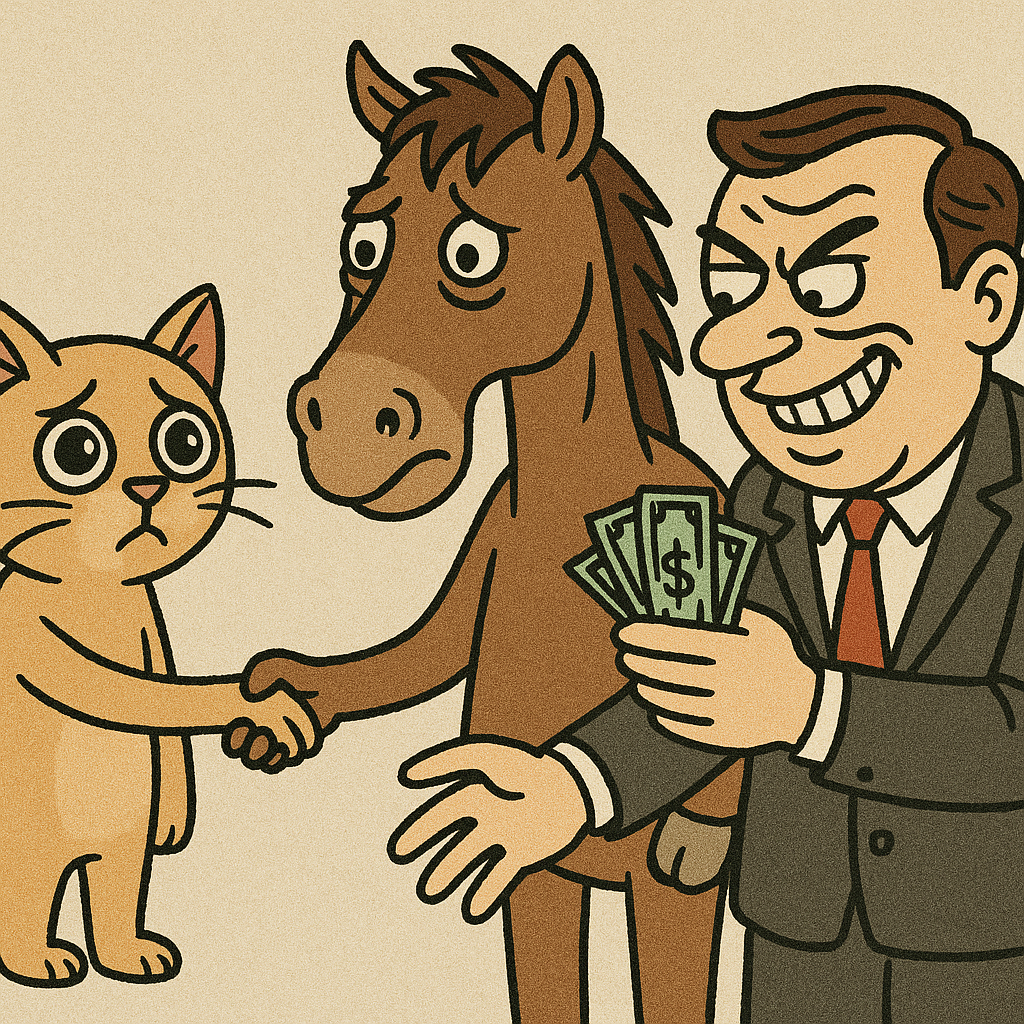 Koń i kot w porozumieniu z oszustem – satyryczna ilustracja