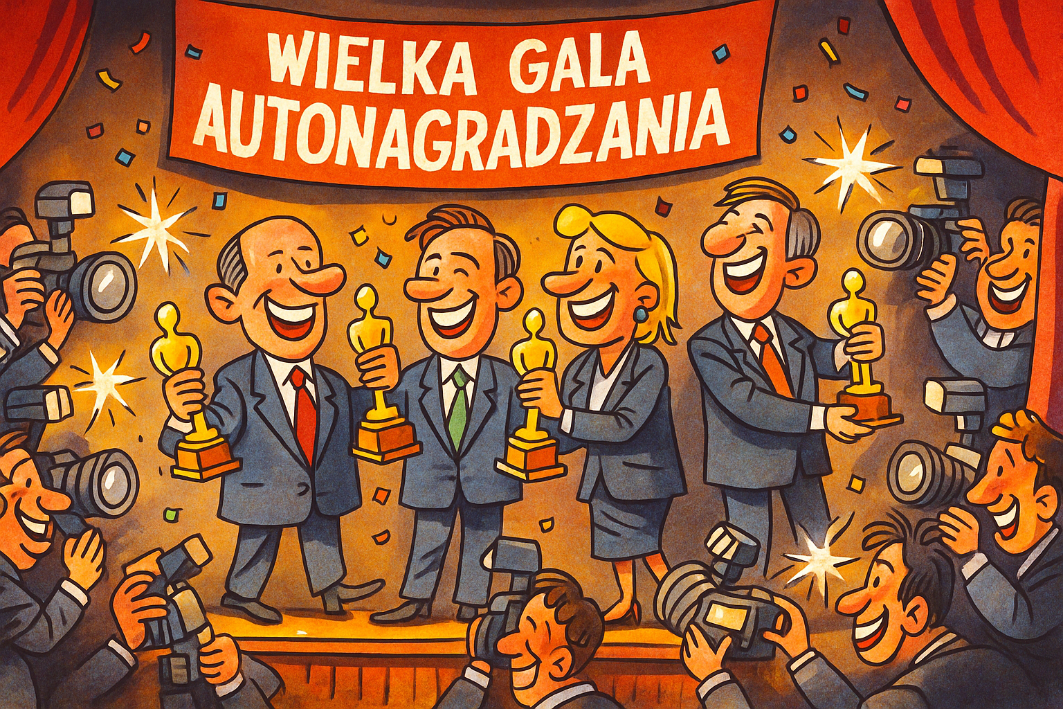 Karykatura gali medialnej, dziennikarze wręczają sobie nawzajem statuetki.