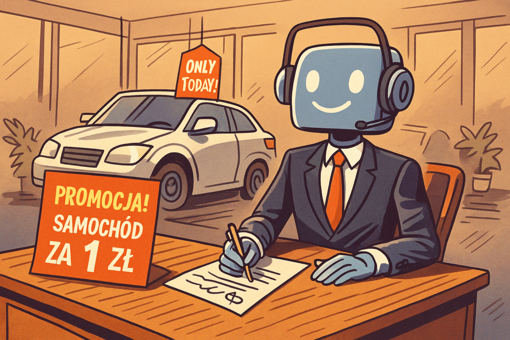 Chatbot sprzedaje samochód za 1 zł w salonie – parodia AI błędu.