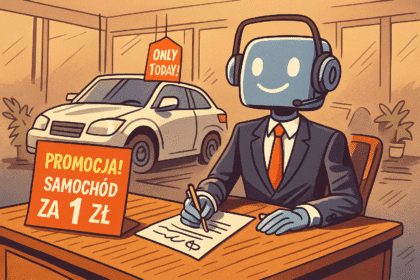 Chatbot sprzedaje samochód za 1 zł w salonie – parodia AI błędu.