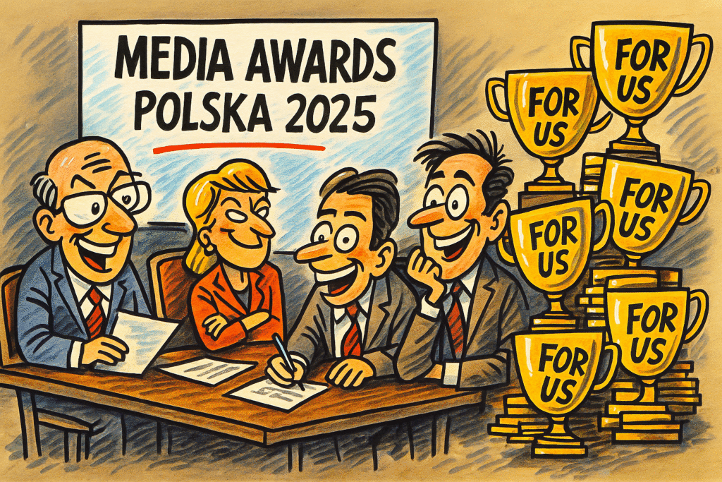 Karykatura redaktorów planujących własną galę nagród medialnych.