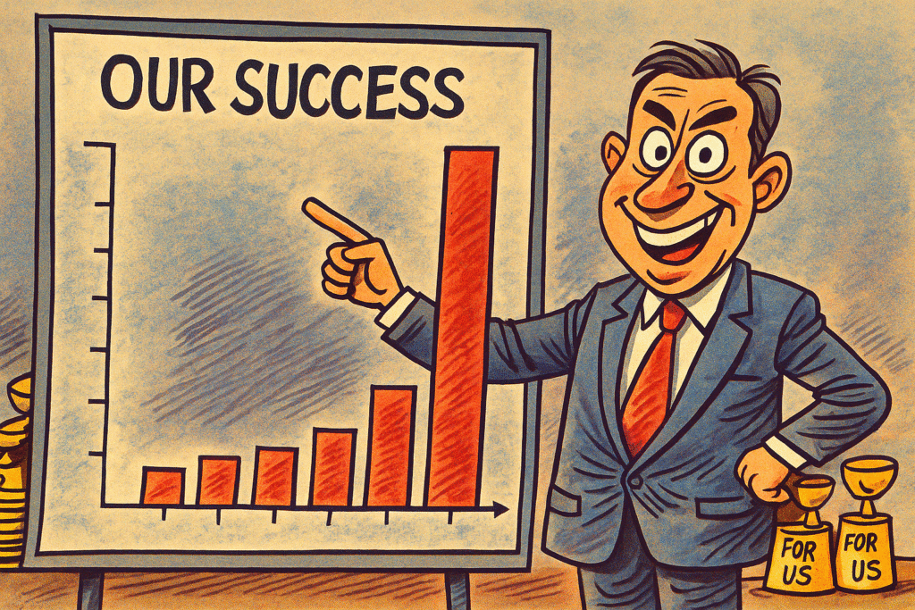Karykatura mężczyzny wskazującego na zmanipulowany wykres z napisem „Sukces”.