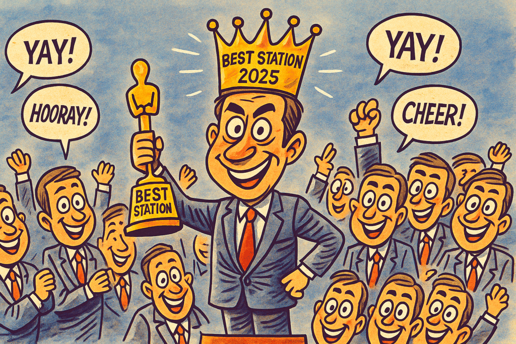 Karykatura dziennikarza koronującego samego siebie na zwycięzcę roku.