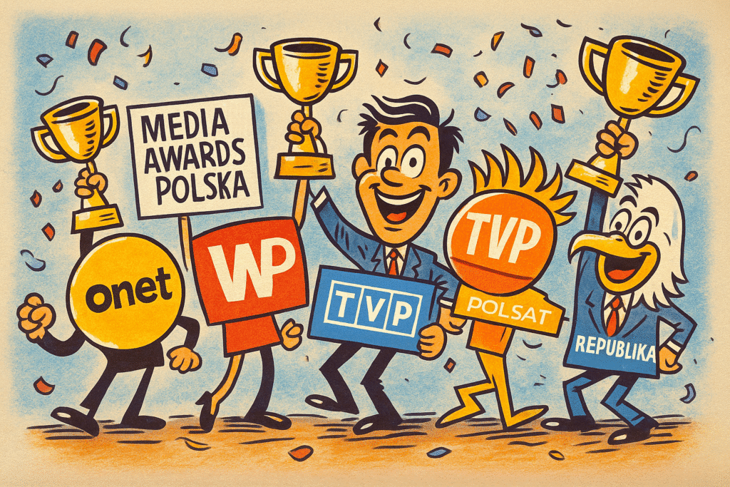 Karykatura przedstawiająca polskie media jako postacie z nagrodami.