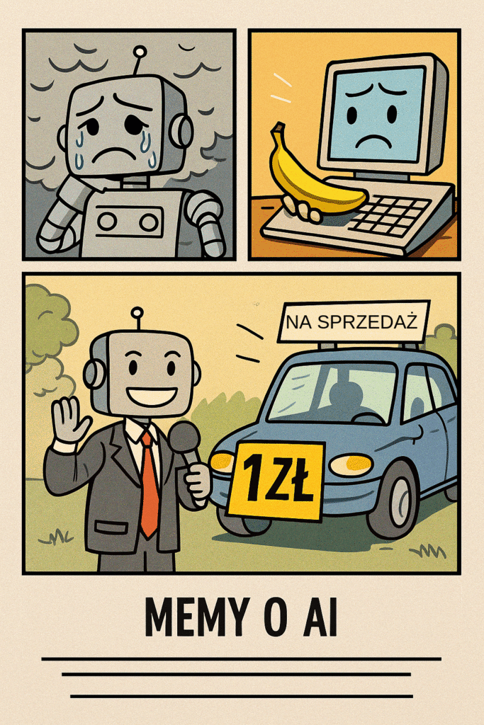 Kolaż memów o wpadkach AI – satyra technologiczna.