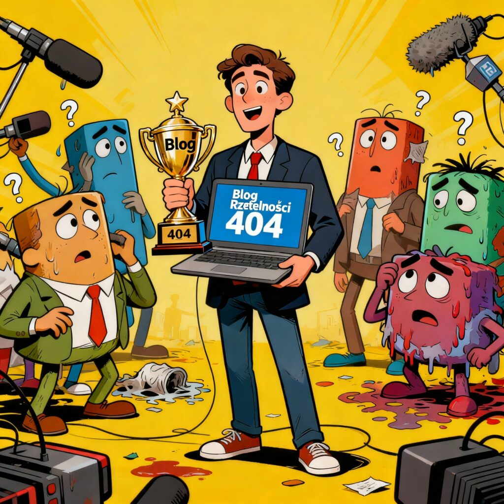 Satyryczna ilustracja blogera wręczającego statuetkę „Rzetelność 404” mediom.