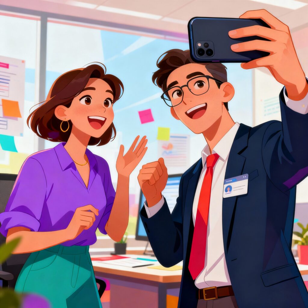 influencer-rekruter robi selfie podczas rozmowy rekrutacyjnej