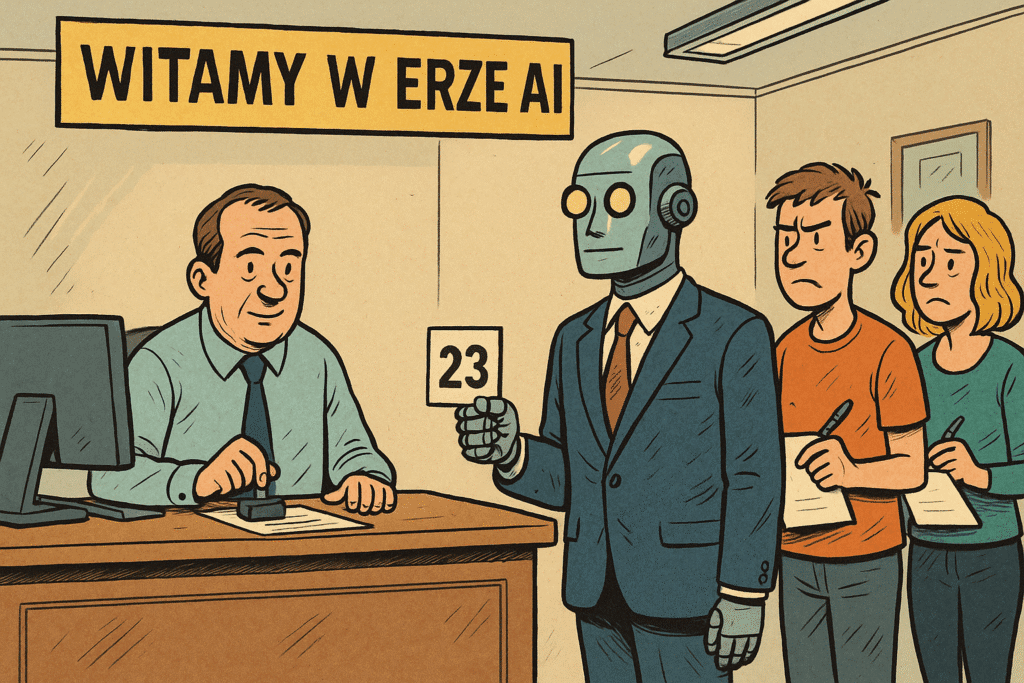 Robot w garniturze czeka w kolejce do urzędu z ludźmi, satyra o sztucznej inteligencji w biurokracji.