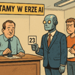 Robot w garniturze czeka w kolejce do urzędu z ludźmi, satyra o sztucznej inteligencji w biurokracji.