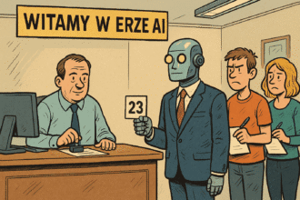 Robot w garniturze czeka w kolejce do urzędu z ludźmi, satyra o sztucznej inteligencji w biurokracji.
