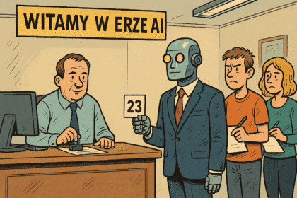 Robot w garniturze czeka w kolejce do urzędu z ludźmi, satyra o sztucznej inteligencji w biurokracji.