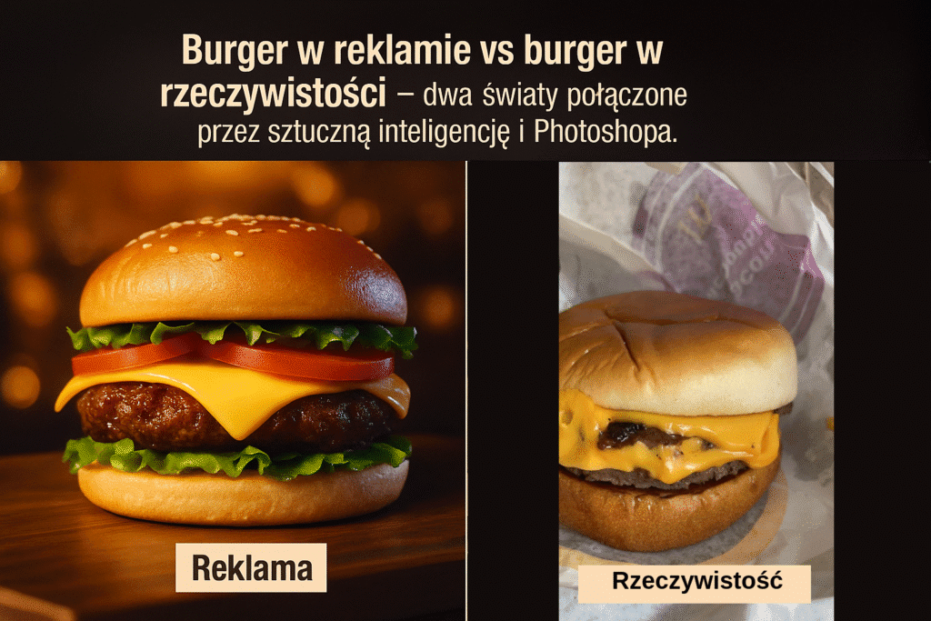 Porównanie burgera z reklamy (AI generowany) i prawdziwego z restauracji.