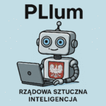 Humorystyczna ilustracja rządowej sztucznej inteligencji PLlum z polskim godłem i komputerem
