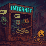 Zardzewiała maszyna symbolizująca współczesny Internet, z której wypadają boty i trolle.