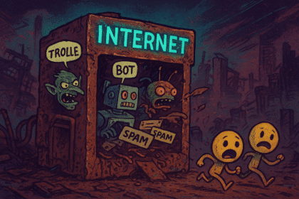 Zardzewiała maszyna symbolizująca współczesny Internet, z której wypadają boty i trolle.