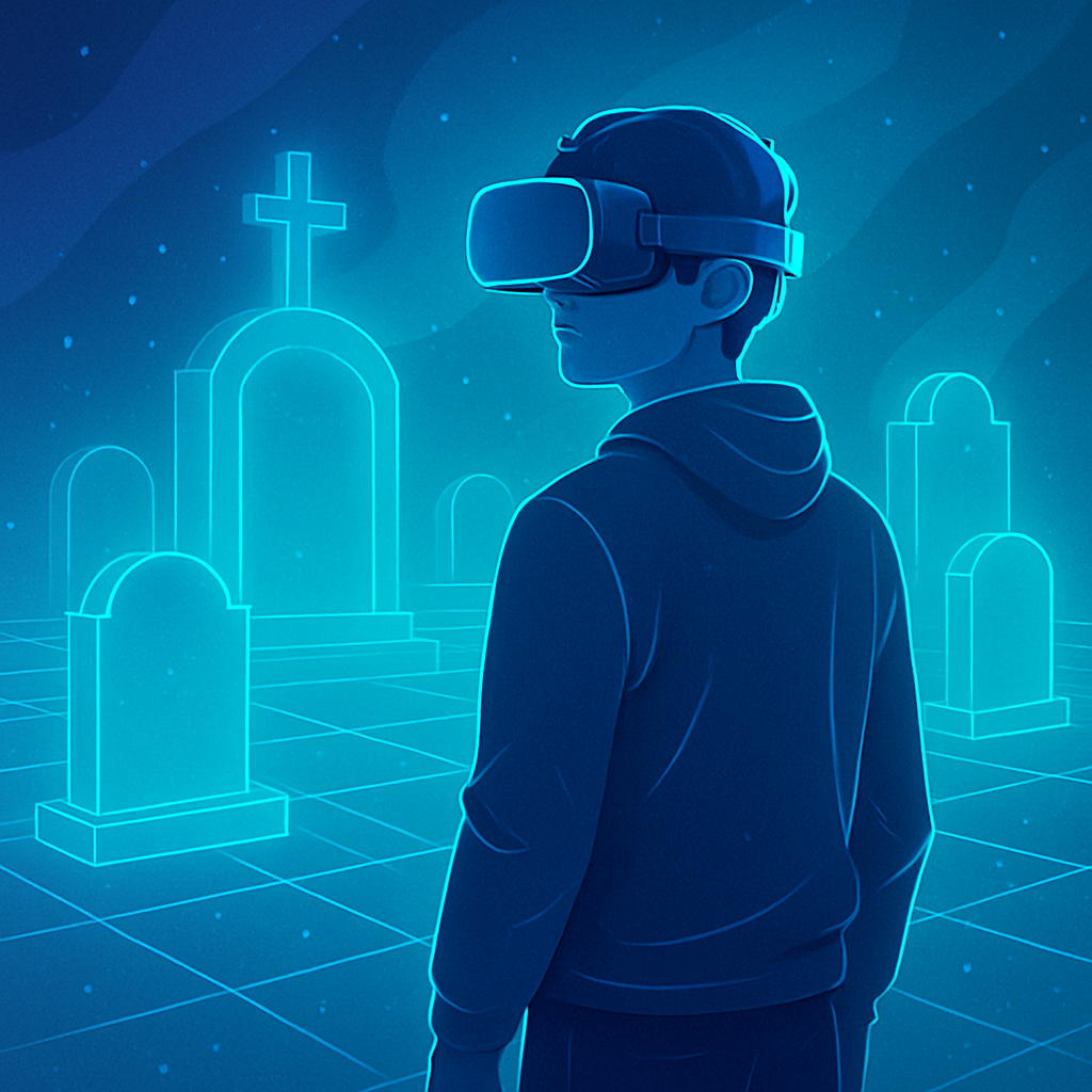 Osoba w goglach VR spacerująca po wirtualnym cmentarzu
