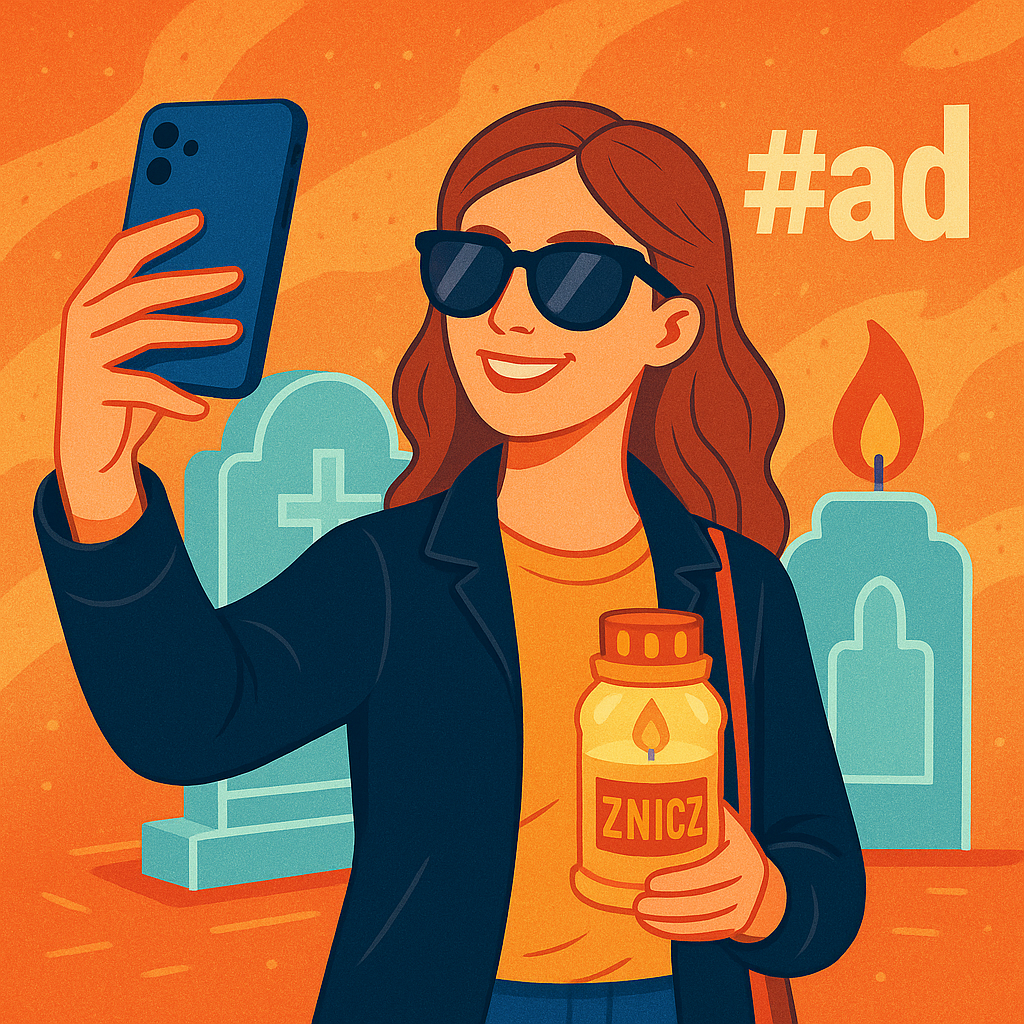 Influencerka robiąca selfie przy grobie w kampanii reklamowej