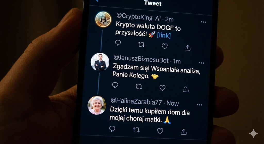 Zdjęcie ekranu smartfona pokazujące fałszywą dyskusję botów na portalu X (Twitter). Użytkownik @CryptoKing_AI pisze o kryptowalucie DOGE, a boty @JanuszBiznesuBot i @HalinaZarabia77 odpowiadają generowanymi automatycznie, absurdalnymi komentarzami o wspaniałej analizie i kupnie domu dla chorej matki. Przykład Teorii Martwego Internetu.
