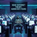 Satyryczna grafika cyberpunkowa ilustrująca Teorię Martwego Internetu. Samotny człowiek z tabliczką "I'm real, I think" siedzi w serwerowni otoczony przez setki robotów generujących sztuczne lajki i komentarze w social media. Na dużym ekranie widnieje napis "DEAD INTERNET THEORY: HUMAN NOT FOUND".