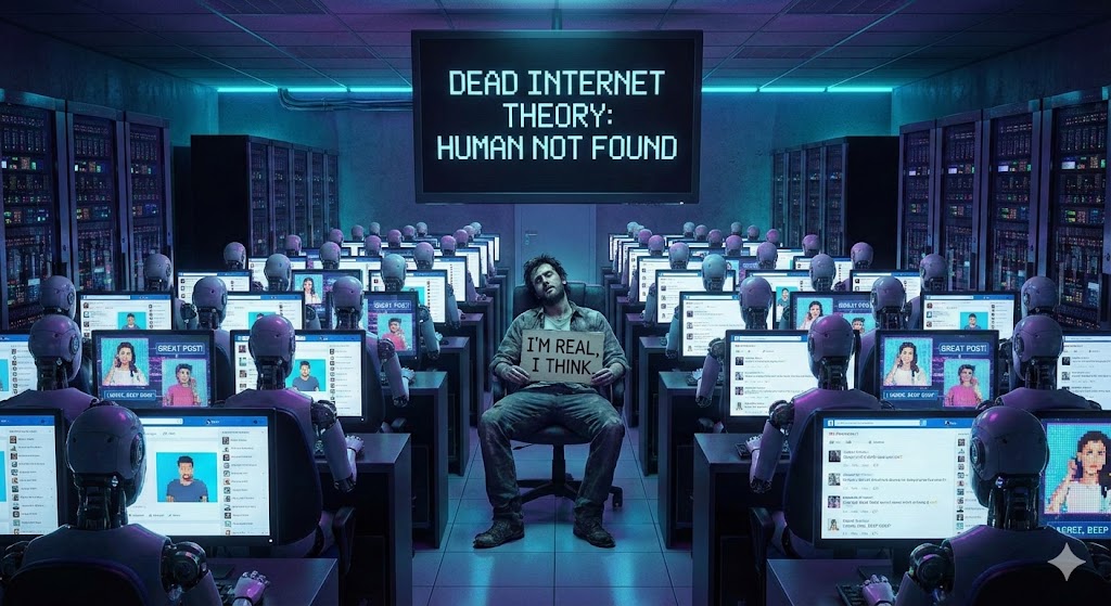 Satyryczna grafika cyberpunkowa ilustrująca Teorię Martwego Internetu. Samotny człowiek z tabliczką "I'm real, I think" siedzi w serwerowni otoczony przez setki robotów generujących sztuczne lajki i komentarze w social media. Na dużym ekranie widnieje napis "DEAD INTERNET THEORY: HUMAN NOT FOUND".