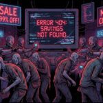 Ilustracja satyryczna pokazująca zombie-klientów kupujących drogie elektrośmieci podczas pseudo promocji Black Friday.