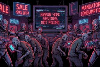Ilustracja satyryczna pokazująca zombie-klientów kupujących drogie elektrośmieci podczas pseudo promocji Black Friday.