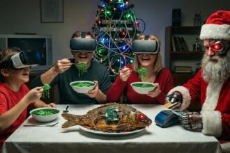 Cyberpunkowa polska Wigilia z rodziną w goglach VR i cyfrowym karpiem na stole.