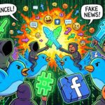 Ilustracja satyryczna przedstawiająca cyfrową bitwę polityczną w social mediach z użyciem wielkich hashtagów.