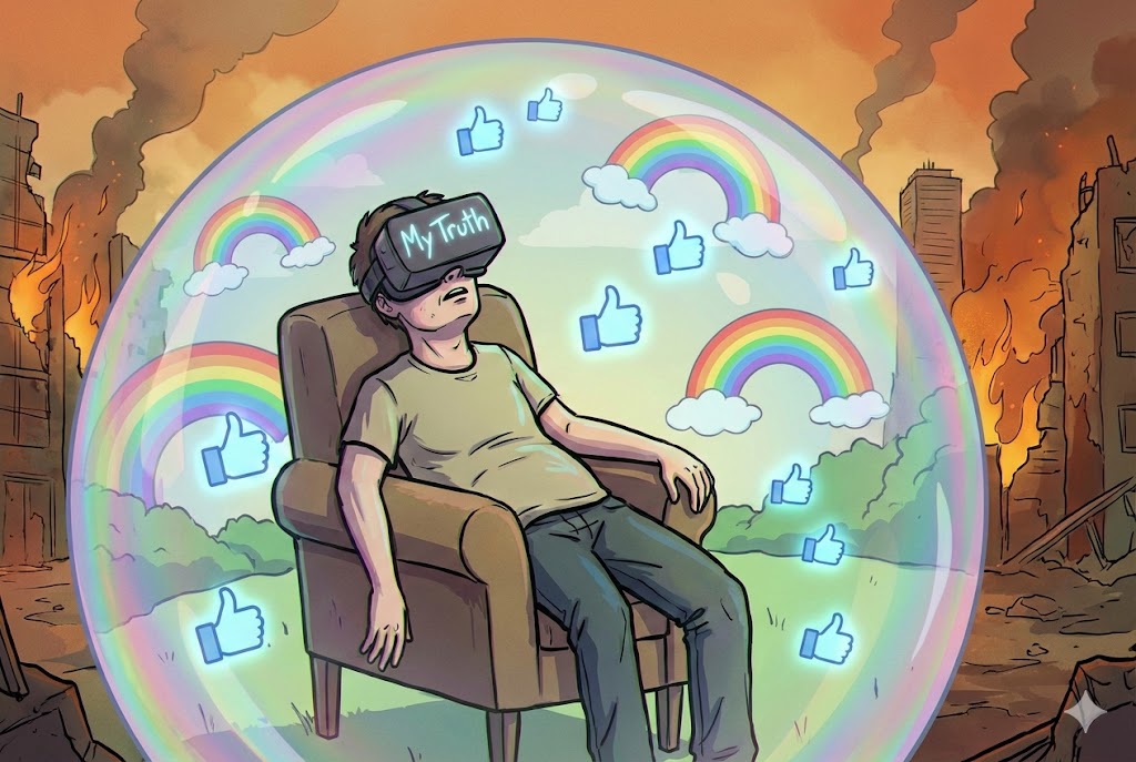 Człowiek w goglach VR zamknięty w bańce mydlanej, odcięty od rzeczywistości przez algorytmy social mediów.